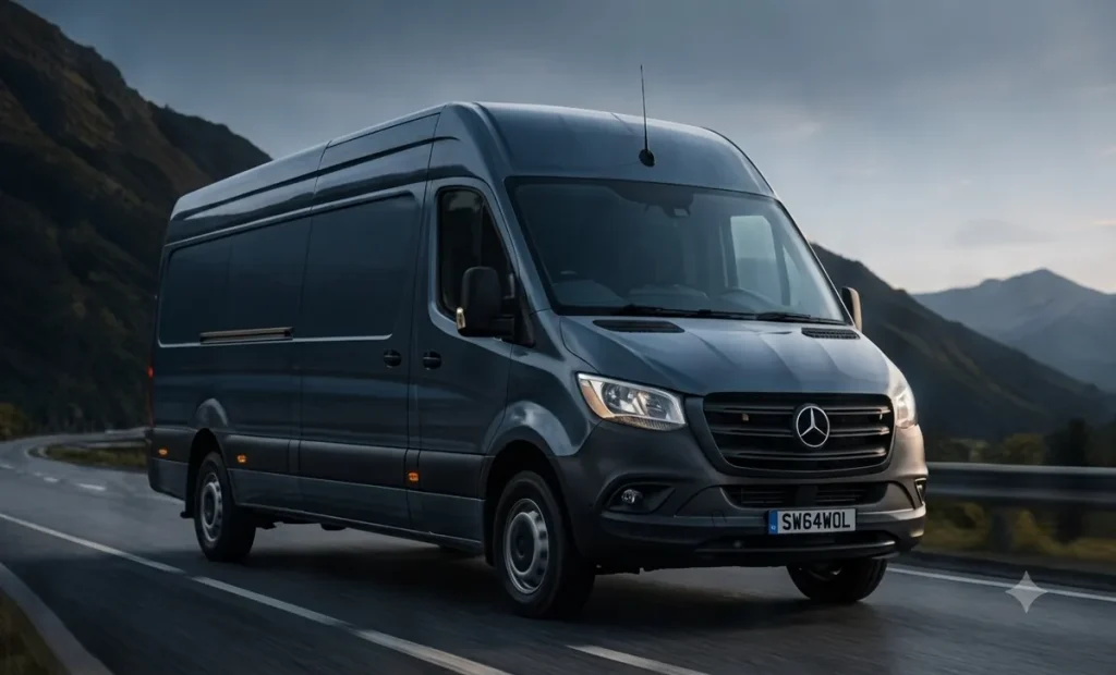 Mercedes Sprinter commercial van on UK road at dusk