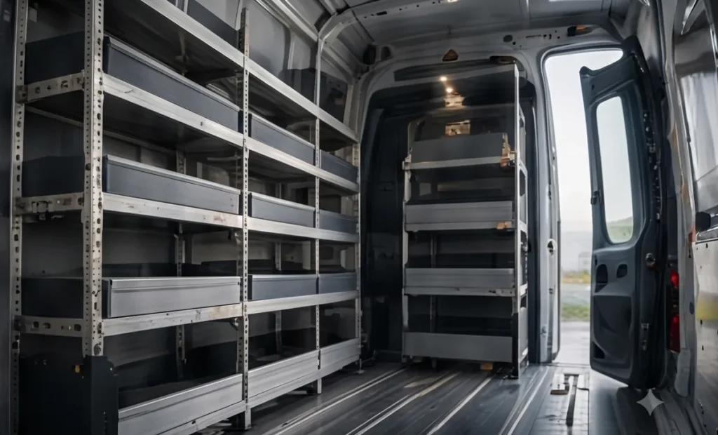 Commercial van interior fitted with specialist racking