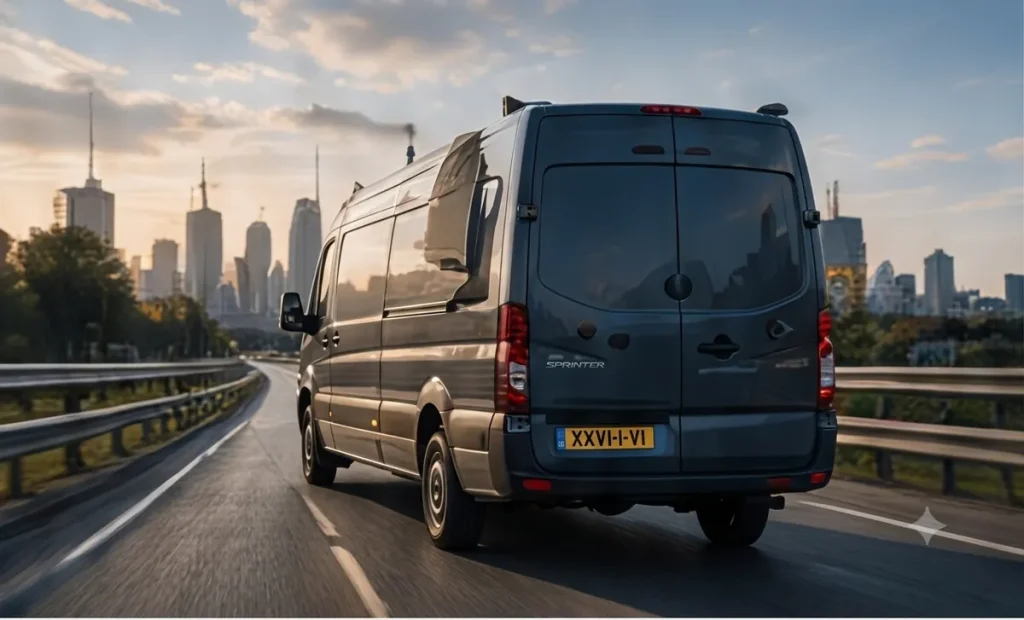 Commercial delivery van driving on motorway at sunset